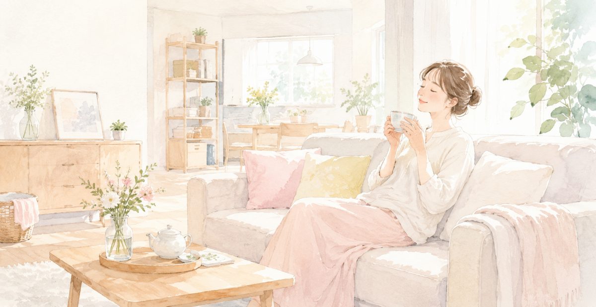 家事から解放されてくつろぐ女性のイラスト