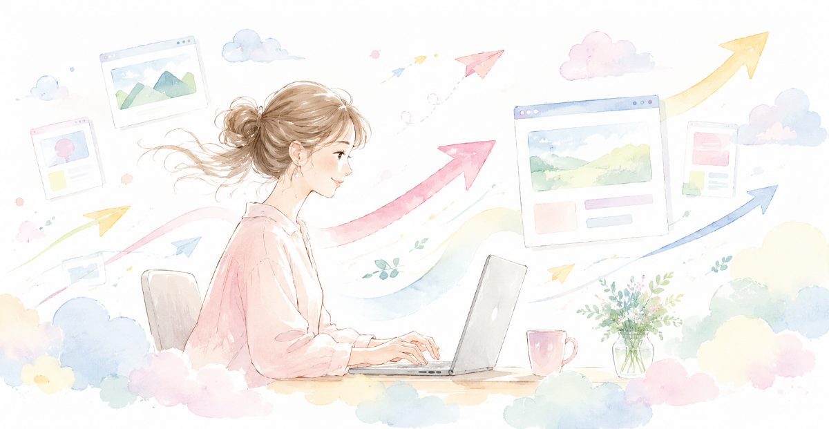 ノートPCでブログを運営する女性のイラスト