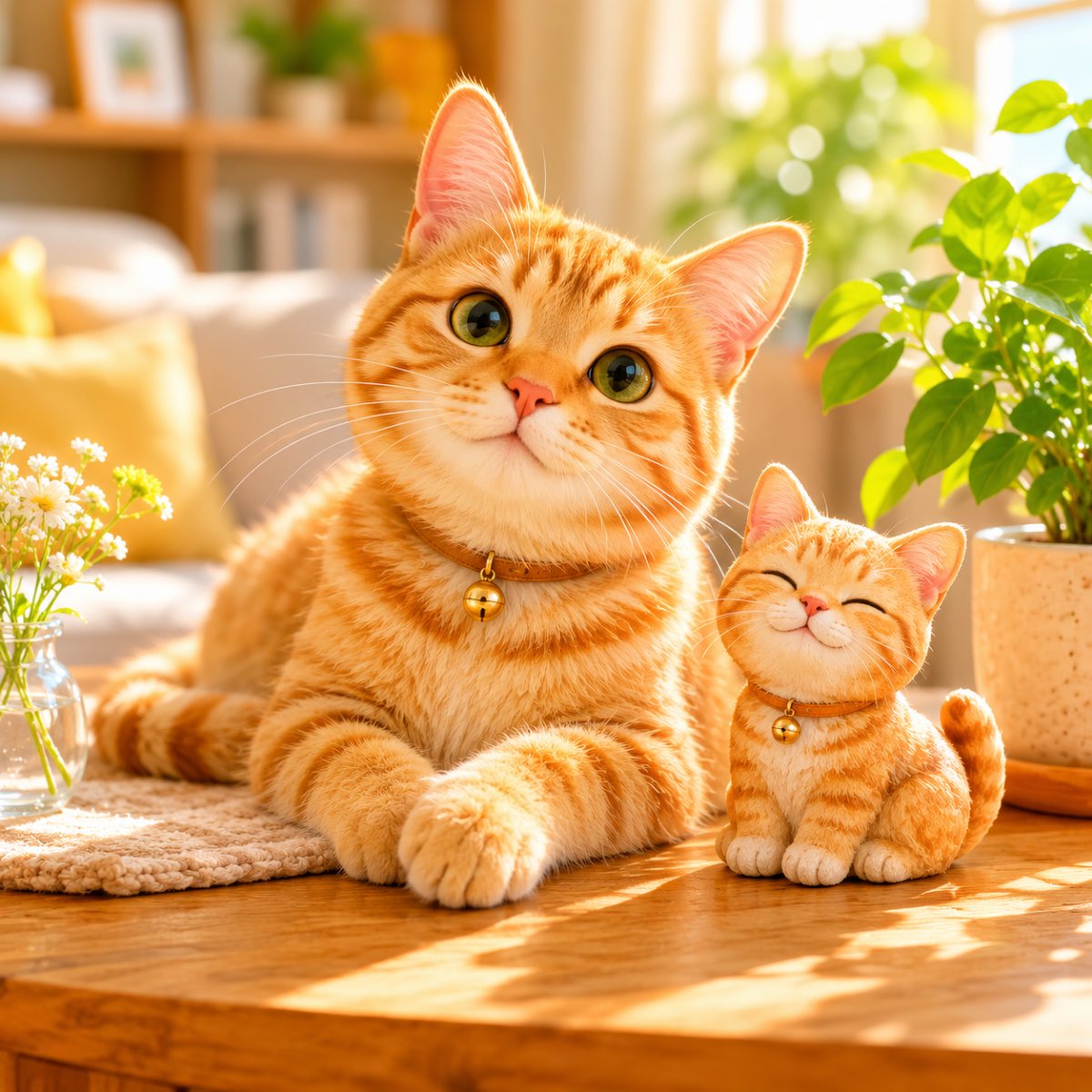 茶トラ猫と、その子そっくりの小さなペットフィギュアが明るいリビングに並ぶイラスト