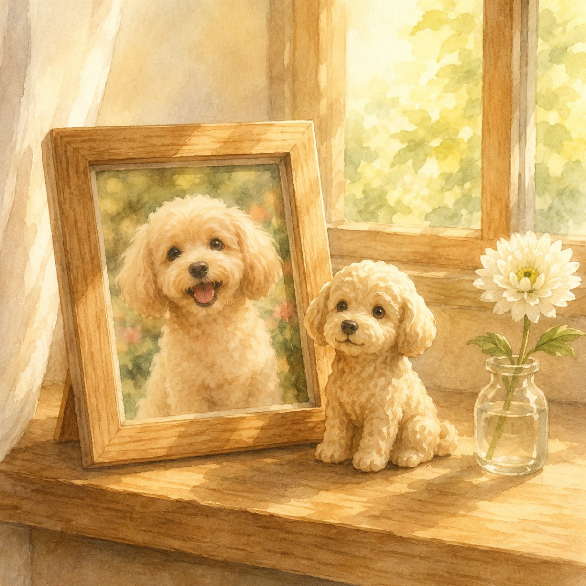 愛犬の写真立てとそっくりのペットフィギュアが窓辺に並ぶ水彩イラスト