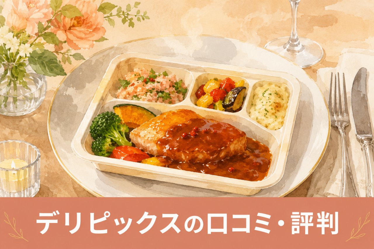 フレンチレストラン風に盛り付けられた冷凍宅配弁当DELIPICKSのイラスト