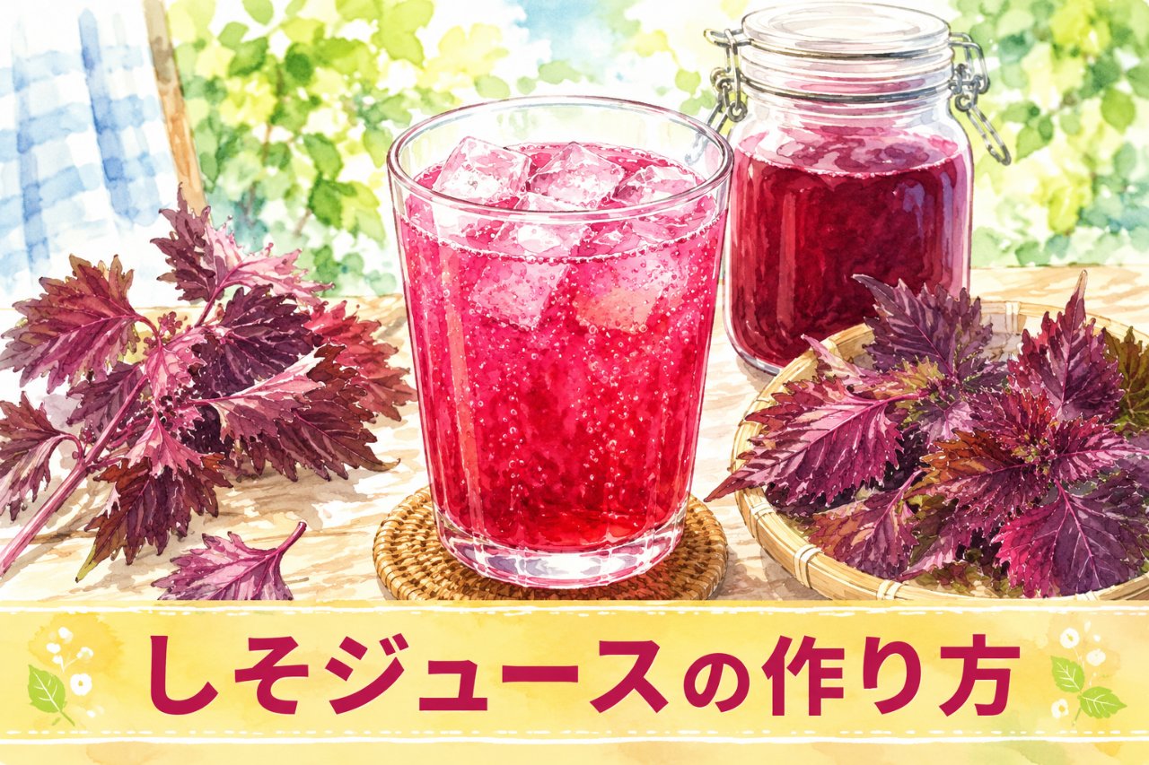 氷の入ったグラスに注いだルビー色のしそジュースと赤しその葉のイラスト