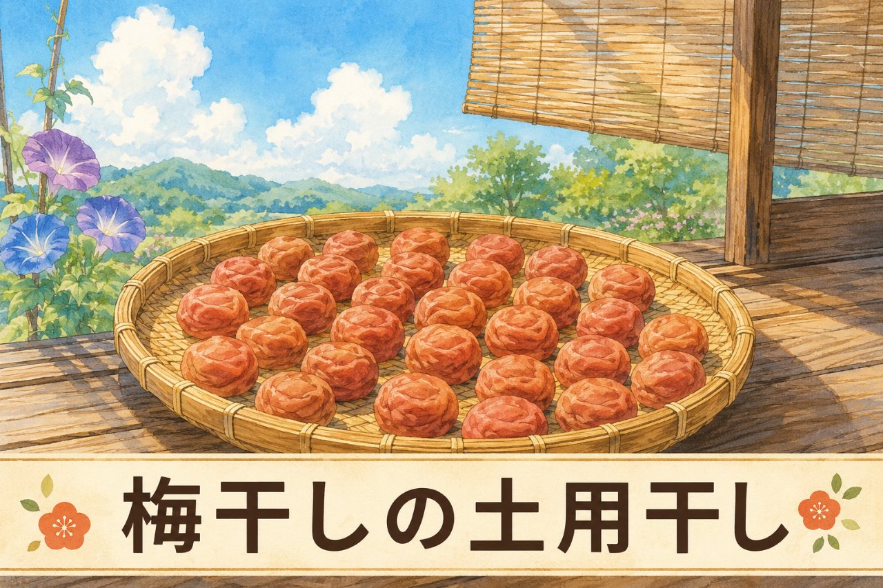 夏の青空の下、竹の盆ざるで天日干しされる梅干しのイラスト