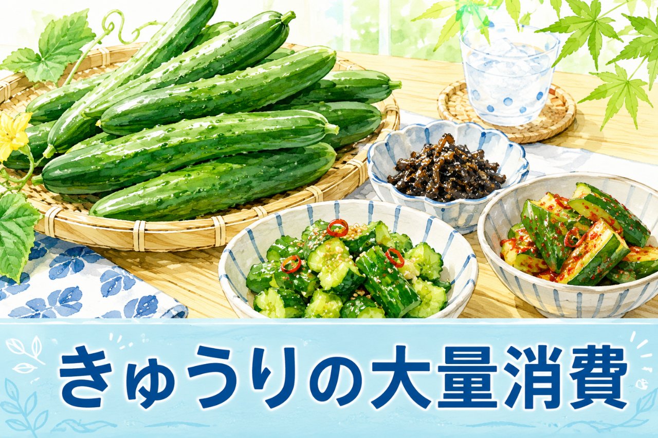 ざるに山盛りのきゅうりと、たたききゅうり・ピリ辛漬け・佃煮の小鉢が並ぶ夏の食卓のイラスト