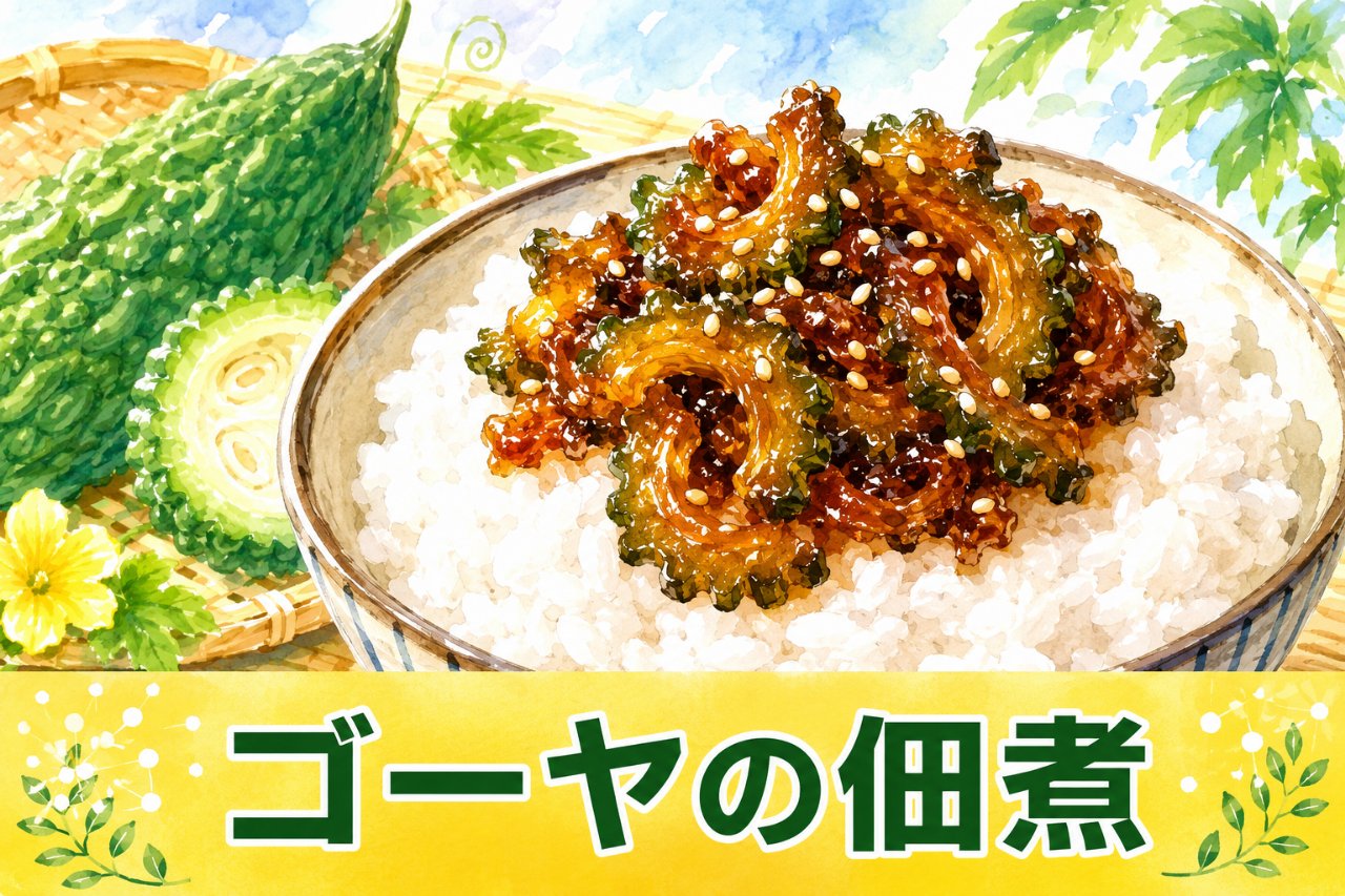 白いごはんに乗ったゴーヤの佃煮のイラスト（アイキャッチ）