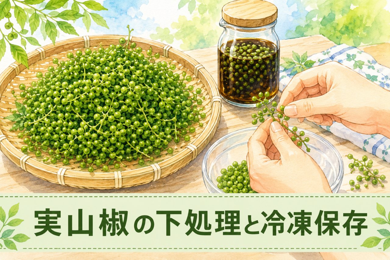 ざるに山盛りの実山椒と山椒醤油の瓶、枝から実を外す手元のイラスト（アイキャッチ）