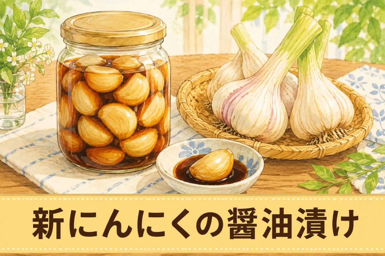 ガラス瓶に入った新にんにくの醤油漬けと皮付き新にんにくのイラスト（アイキャッチ）