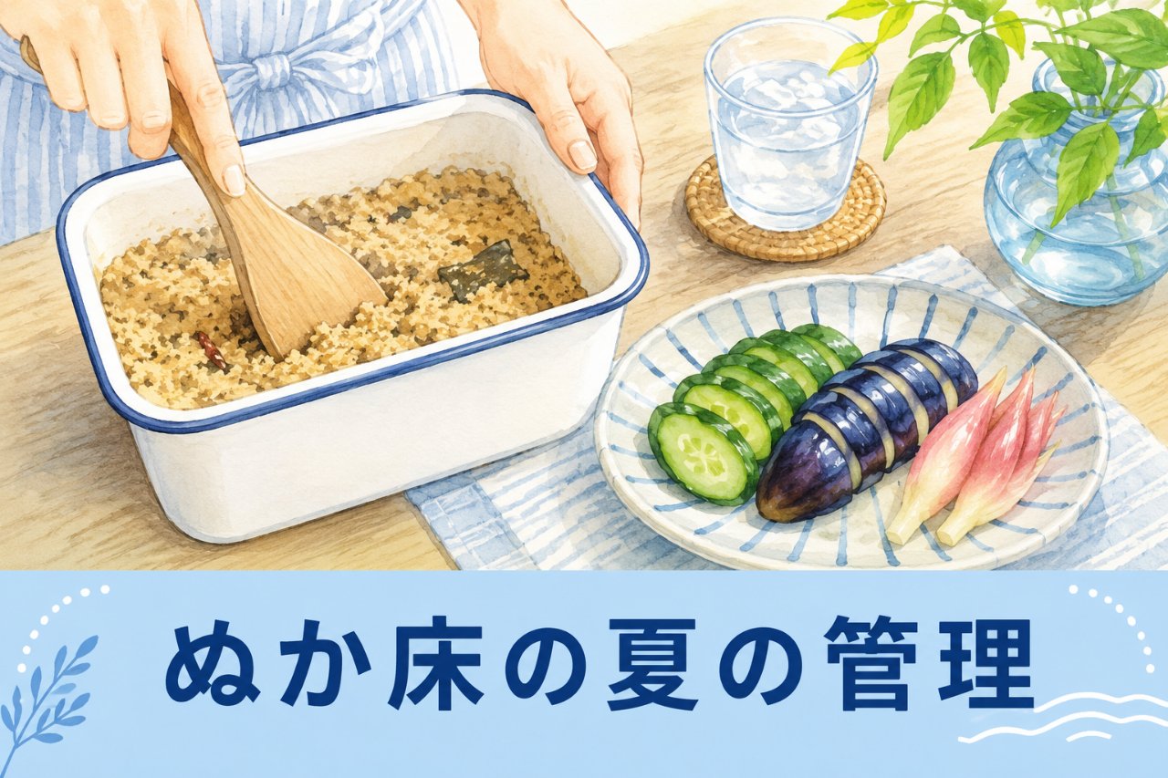 ホーロー容器のぬか床を混ぜる手元と夏野菜のぬか漬けのイラスト（アイキャッチ）