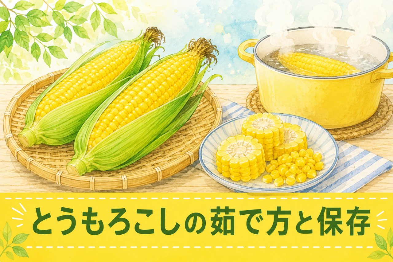 ざるに乗った皮付きとうもろこしと輪切り・粒コーン、湯気の立つ鍋のイラスト（アイキャッチ）
