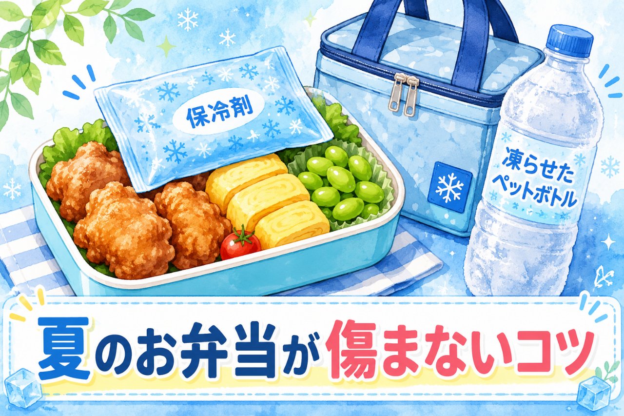 保冷剤を乗せた夏のお弁当と保冷バッグ・凍らせたペットボトルのイラスト（アイキャッチ）