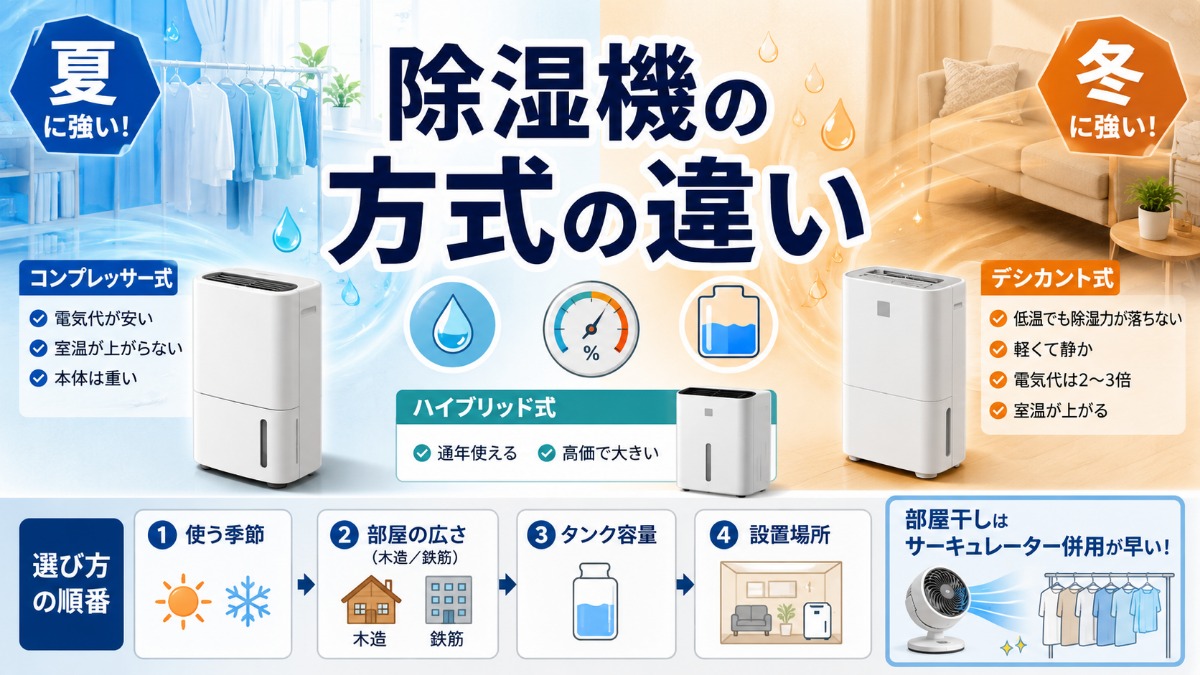 除湿機のコンプレッサー式とデシカント式の違いのアイキャッチ画像