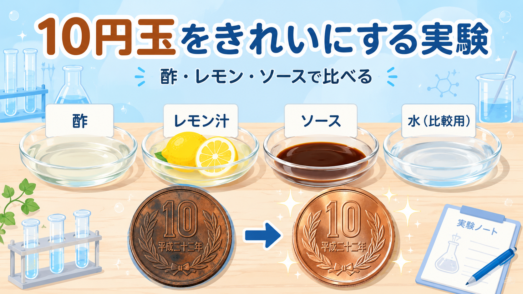 10円玉をきれいにする実験｜酢・レモン・ソースで光り方を比べるのアイキャッチ画像
