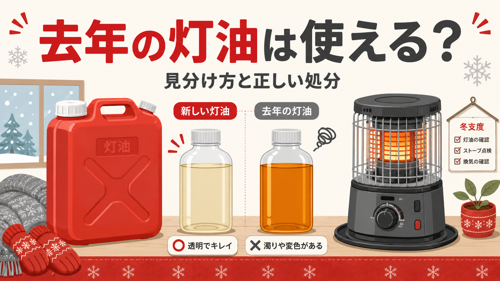 去年の灯油は使える？持ち越し灯油の見分け方と正しい処分・保管方法のアイキャッチ画像