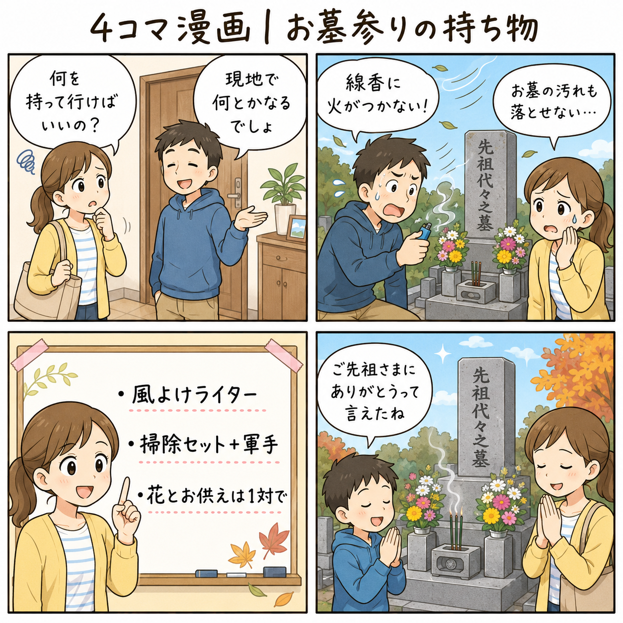 4コマ漫画|お墓参りの持ち物