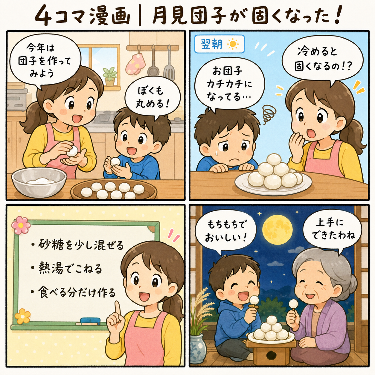 4コマ漫画|月見団子が固くなった!