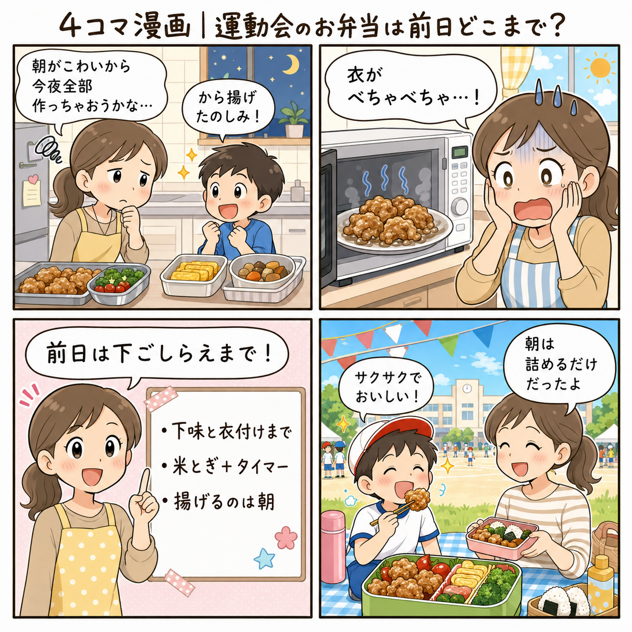 4コマ漫画|運動会のお弁当は前日どこまで?