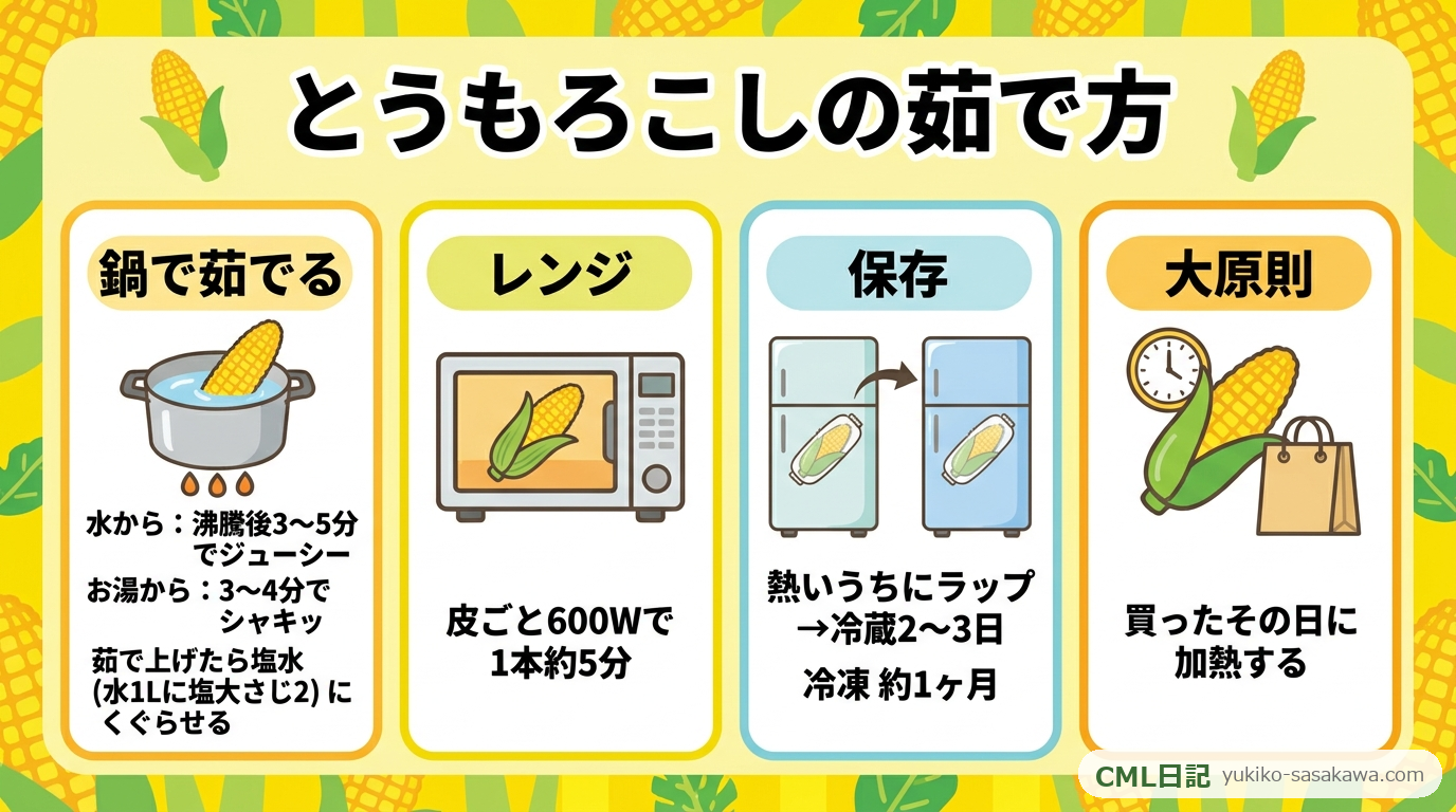 とうもろこしの茹で方と保存のまとめレシピカード