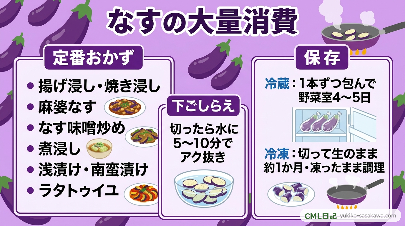 なすの大量消費と保存のまとめレシピカード