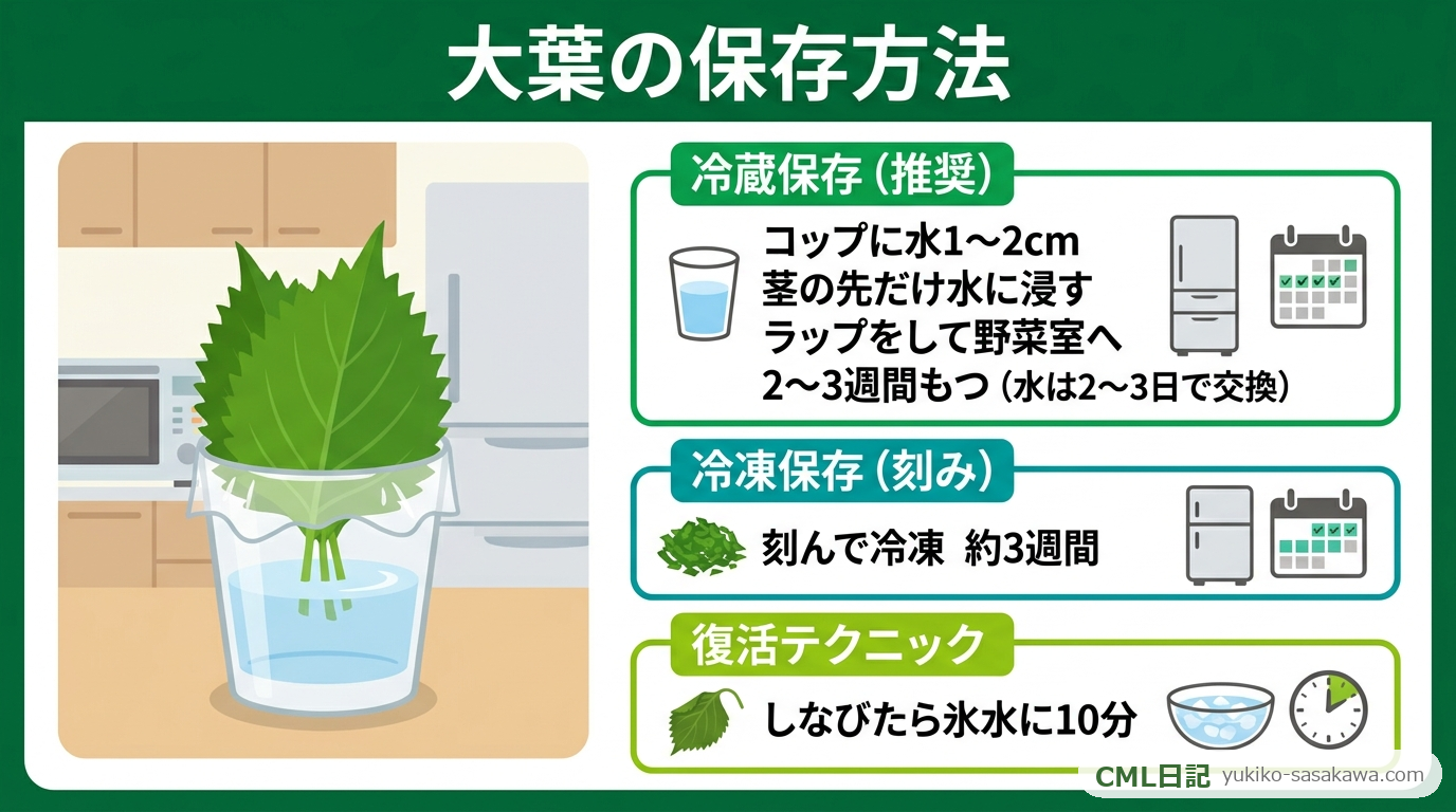 大葉の保存方法レシピカード（コップ立て冷蔵・冷凍・復活法のまとめ）