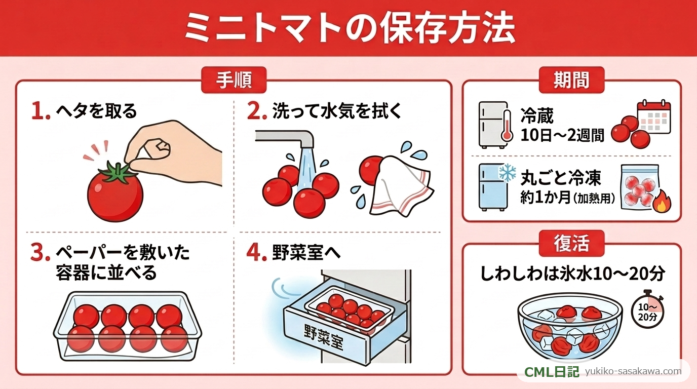 ミニトマトの保存方法レシピカード（ヘタ取り手順・保存期間のまとめ）