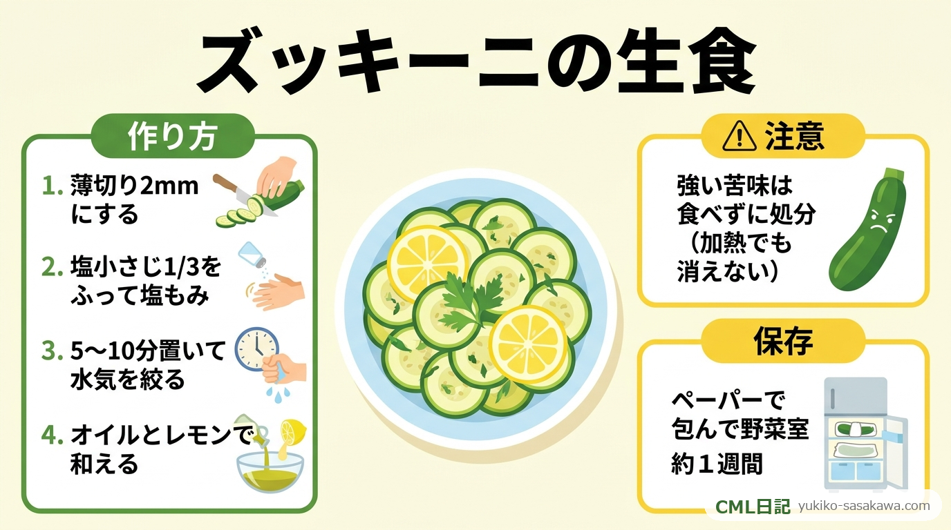ズッキーニの生食レシピカード（塩もみサラダの作り方と苦味の注意のまとめ）