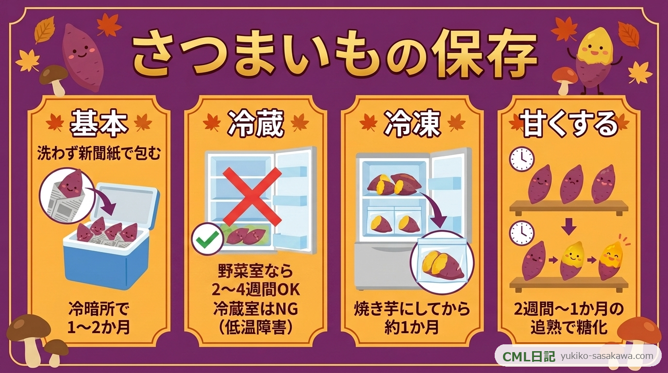さつまいもの保存方法まとめカード（常温・冷蔵・冷凍・追熟）