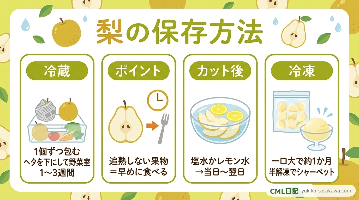 梨の保存方法まとめカード（冷蔵・カット後・冷凍）