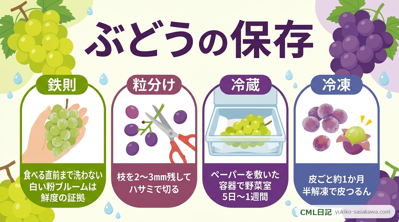 ぶどうの保存方法まとめカード（洗わない・粒分け・冷蔵・冷凍）