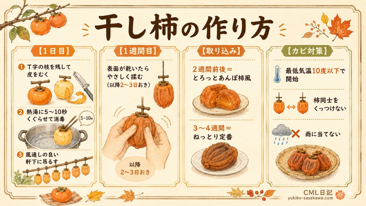 干し柿の作り方レシピカード（吊るし方・揉むタイミング・カビ対策のまとめ）