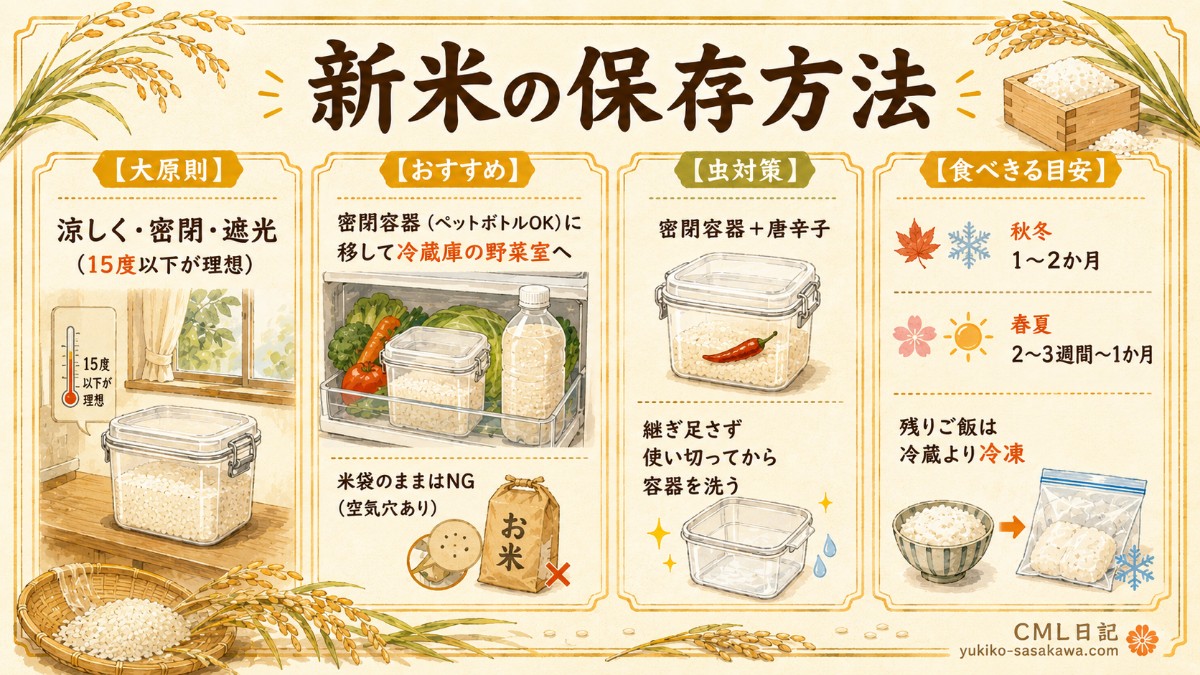 新米の保存方法レシピカード（野菜室保存・虫対策・食べきる目安のまとめ）
