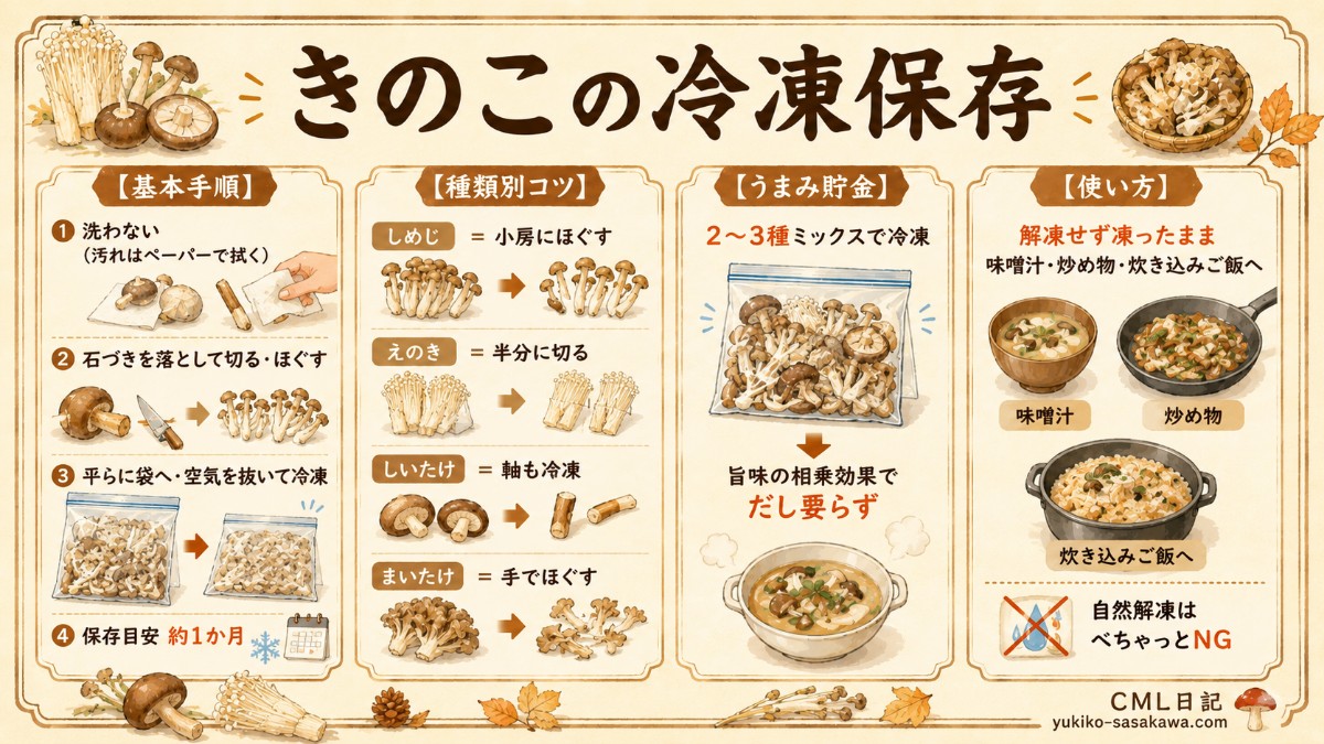 きのこの冷凍保存レシピカード（洗わず切って袋へ・種類別コツ・使い方のまとめ）