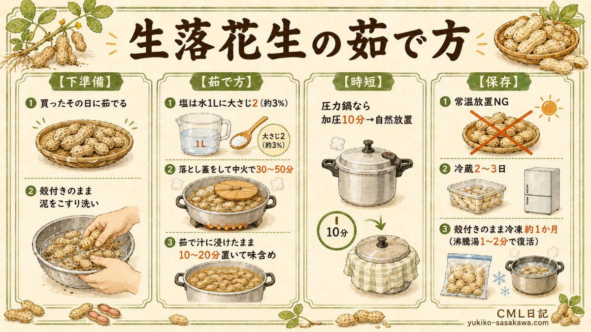生落花生の茹で方レシピカード（塩3%・ゆで時間・冷凍保存のまとめ）