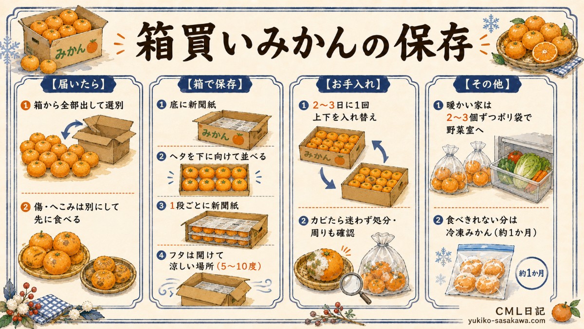 箱買いみかんの保存方法レシピカード（選別・ヘタ下向き・カビ対策のまとめ）