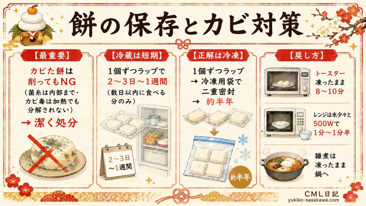 餅の保存方法レシピカード（冷凍で約半年・戻し方・カビの見分けのまとめ）