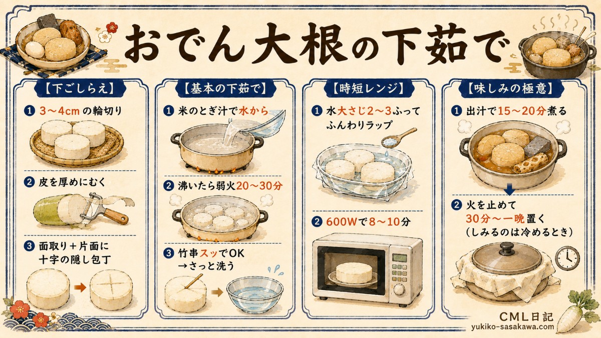 おでん大根の下茹でレシピカード（切り方・とぎ汁下茹で・レンジ時短のまとめ）