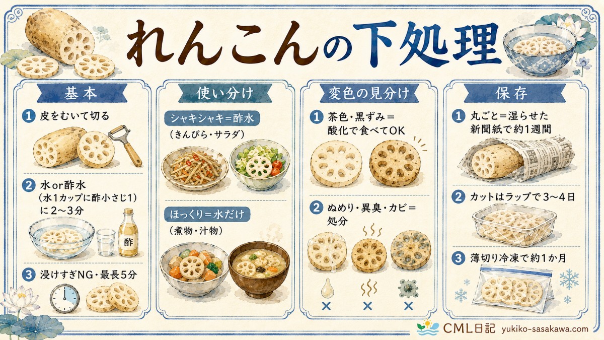 れんこんの下処理レシピカード（酢水と水の使い分け・変色対策・保存のまとめ）