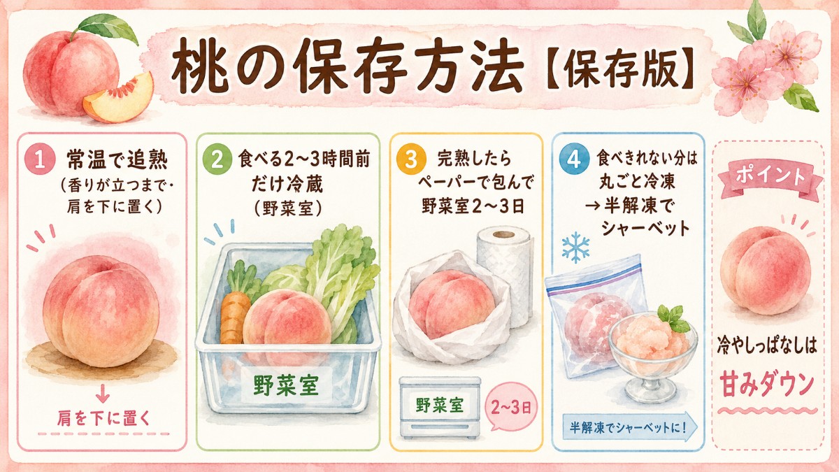 桃の保存方法レシピカード（常温追熟・食べる2〜3時間前に冷蔵・丸ごと冷凍のまとめ）