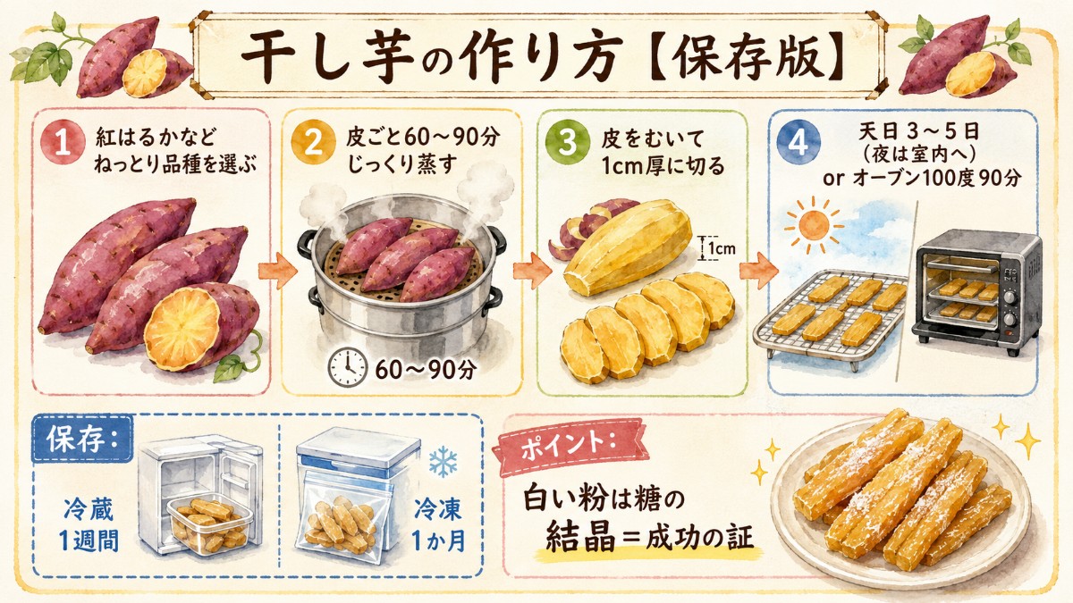干し芋の作り方レシピカード（ねっとり品種・蒸し60〜90分・天日3〜5日orオーブン100度のまとめ）