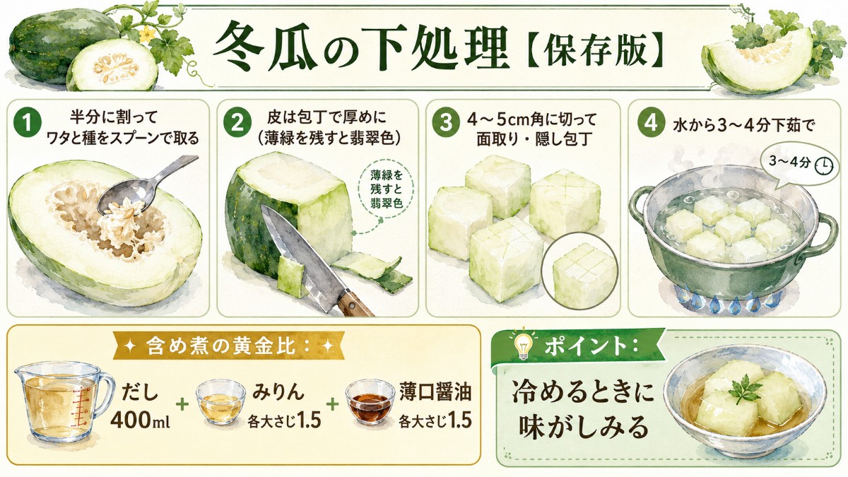 冬瓜の下処理レシピカード（皮は厚めに・ワタ取り・下茹で・含め煮の黄金比のまとめ）