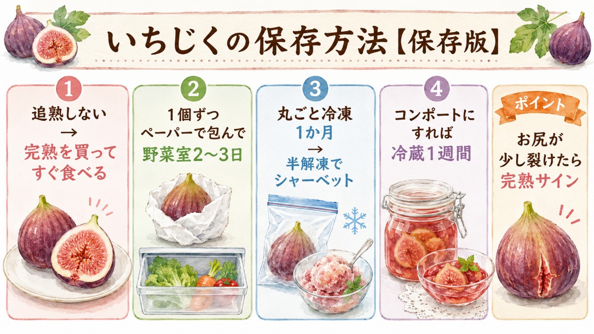 いちじくの保存方法レシピカード（ペーパー＋野菜室2〜3日・丸ごと冷凍・コンポートのまとめ）