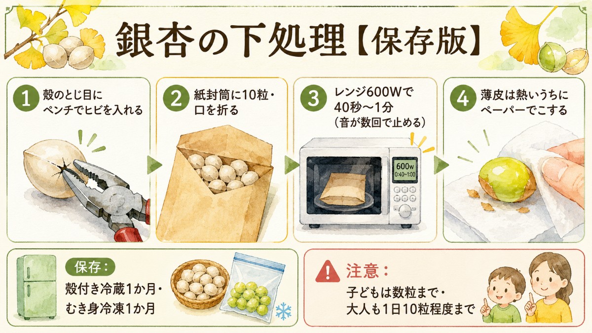 銀杏の下処理レシピカード（ヒビ→封筒→レンジ1分・薄皮むき・食べる個数の注意のまとめ）