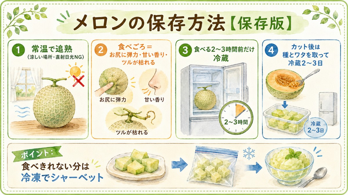 メロンの保存方法レシピカード（常温追熟・食べごろサイン・直前冷蔵・カット後2〜3日のまとめ）