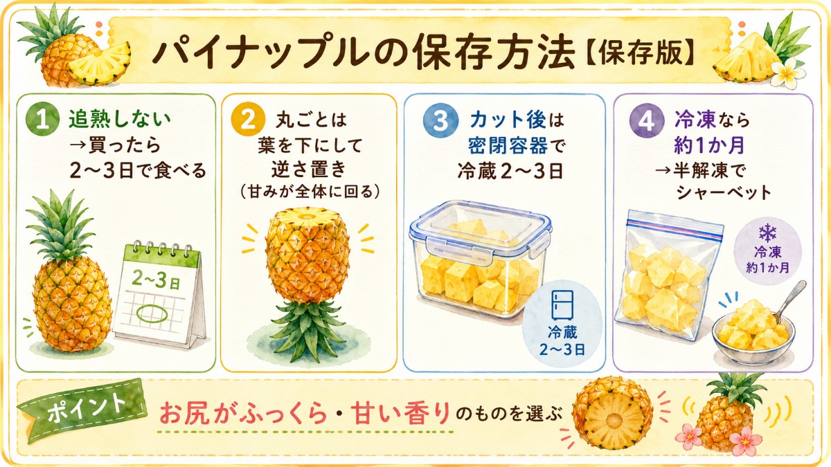 パイナップルの保存方法レシピカード（追熟しない・逆さ置き・密閉冷蔵・冷凍のまとめ）