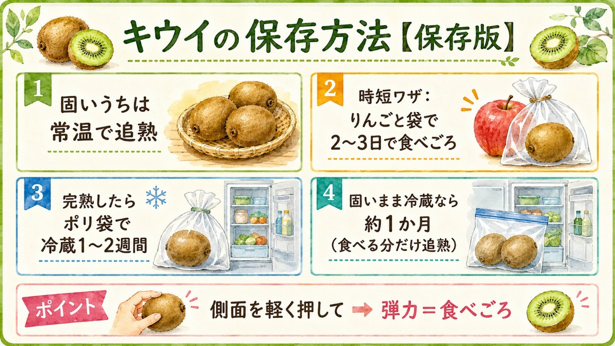 キウイの保存方法レシピカード（りんごと追熟・完熟後冷蔵・冷凍シャーベットのまとめ）