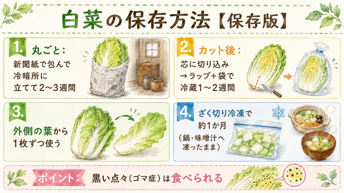 白菜の保存方法レシピカード（立てて冷暗所・芯に切り込み・ざく切り冷凍のまとめ）