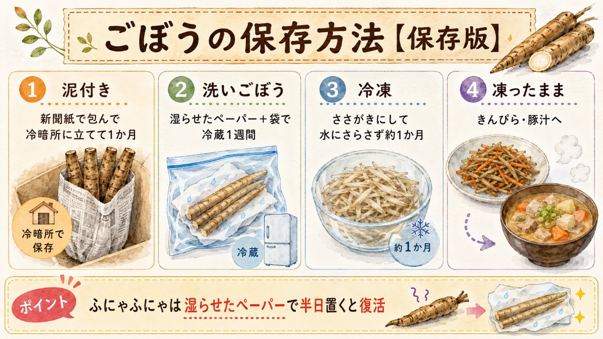 ごぼうの保存方法レシピカード（泥付き冷暗所1か月・湿らせペーパー冷蔵・ささがき冷凍のまとめ）