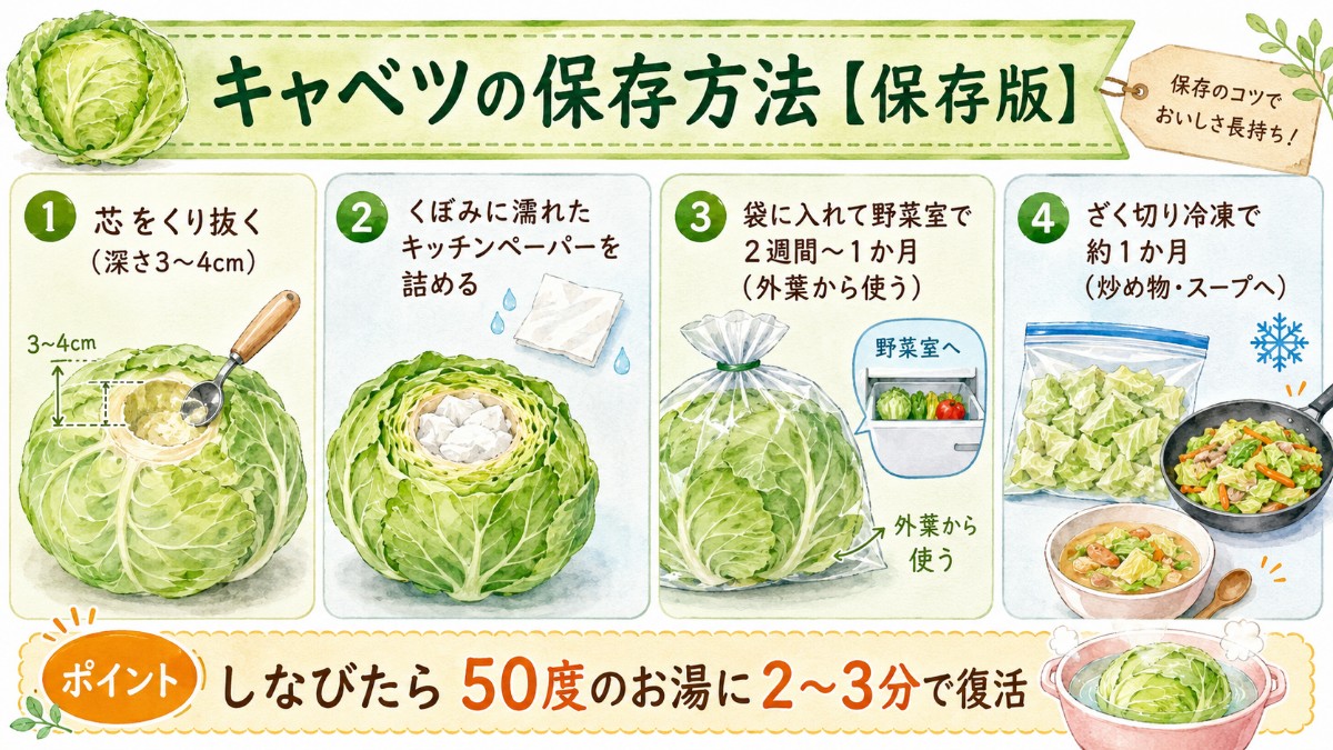 キャベツの保存方法レシピカード（芯くり抜き濡れペーパー・外葉から使う・ざく切り冷凍のまとめ）