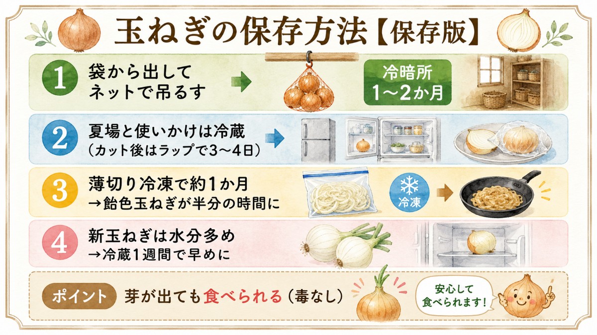 玉ねぎの保存方法レシピカード（吊るして冷暗所・夏は野菜室・冷凍で飴色時短のまとめ）