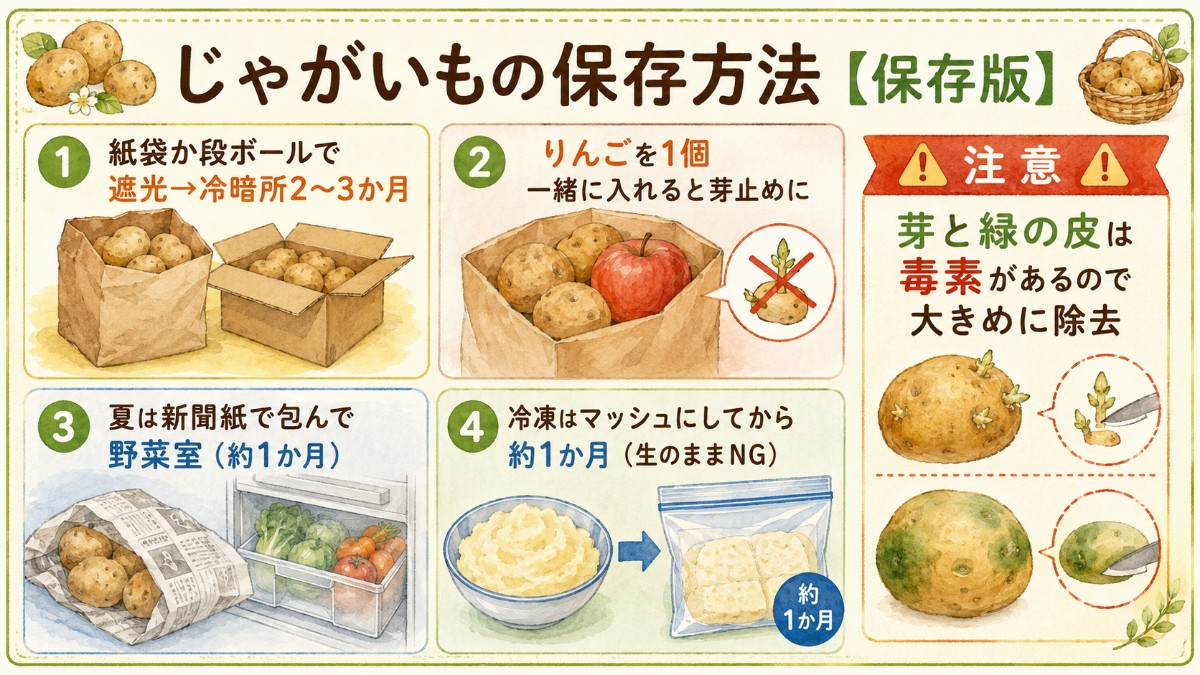 じゃがいもの保存方法レシピカード（遮光・りんごで芽止め・芽と緑の除去のまとめ）