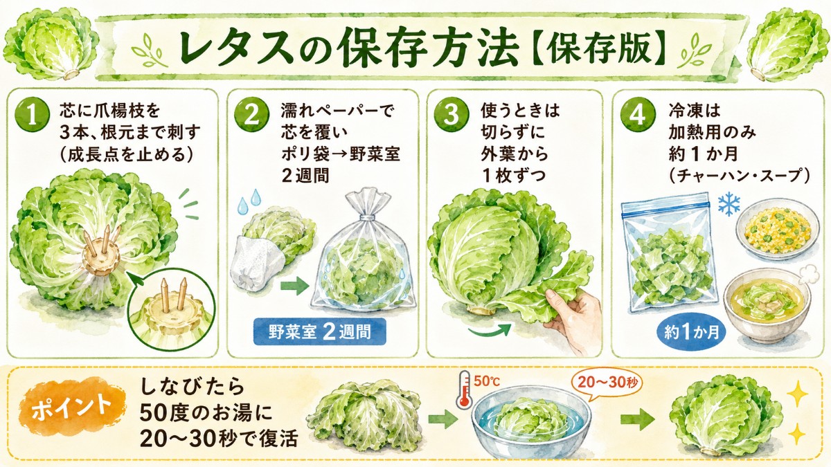 レタスの保存方法レシピカード（爪楊枝3本・濡れペーパー・50度復活のまとめ）
